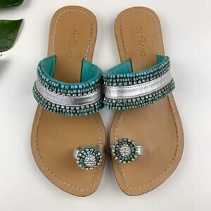 Skemo Sandals Beaded Rhinestones Toe Loop Flats Boho Blue Silver Women's 8